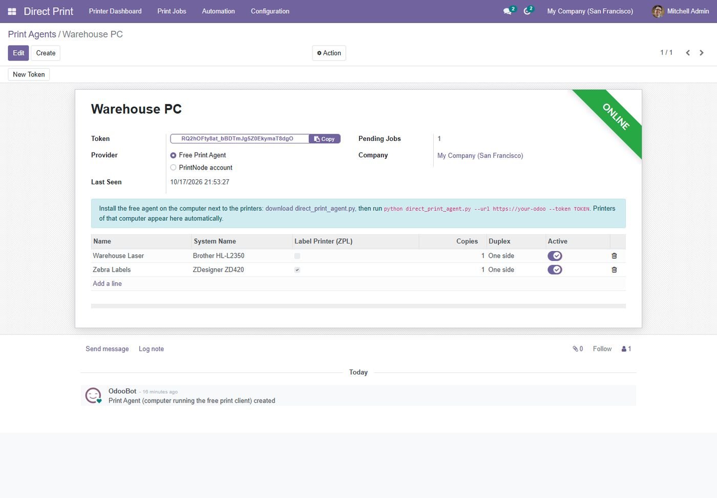 Odoo 15: Free print agent