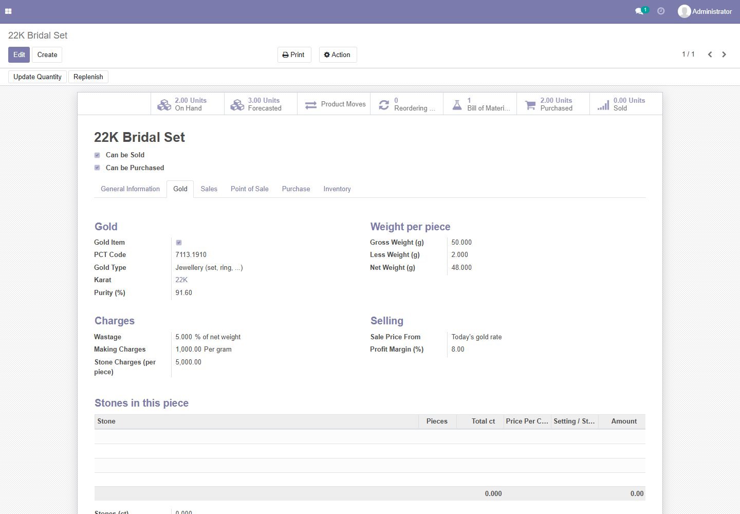 Odoo 14: gold product settings