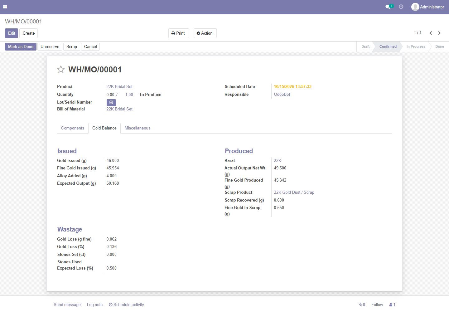 Odoo 14: manufacturing gold balance