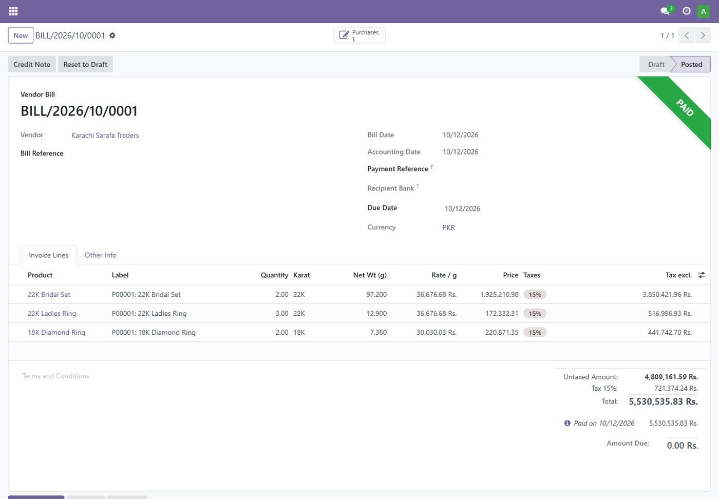 Vendor bill with gold details
