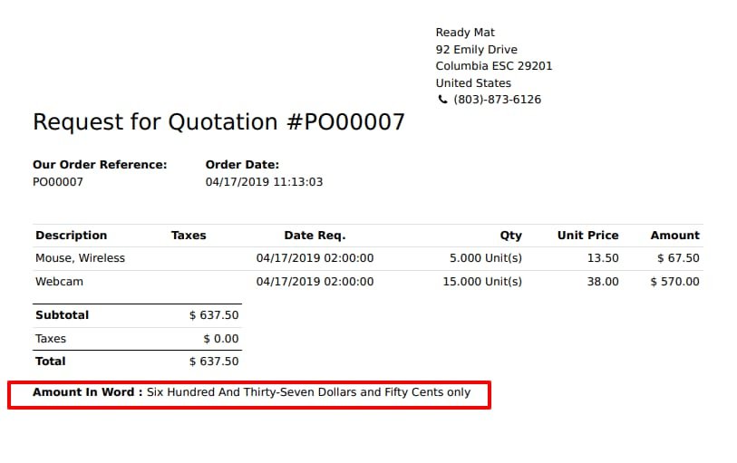 Amount in words in RFQ/purchase order report