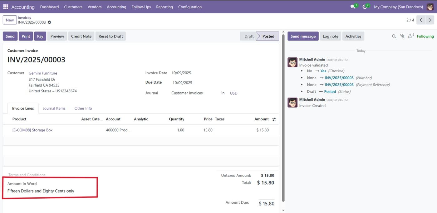 Amount in words in customer invoice