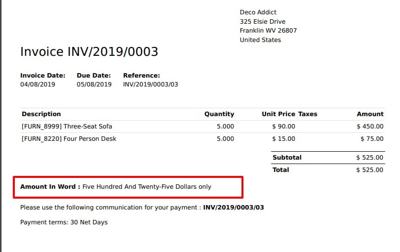Amount in words in customer invoice report