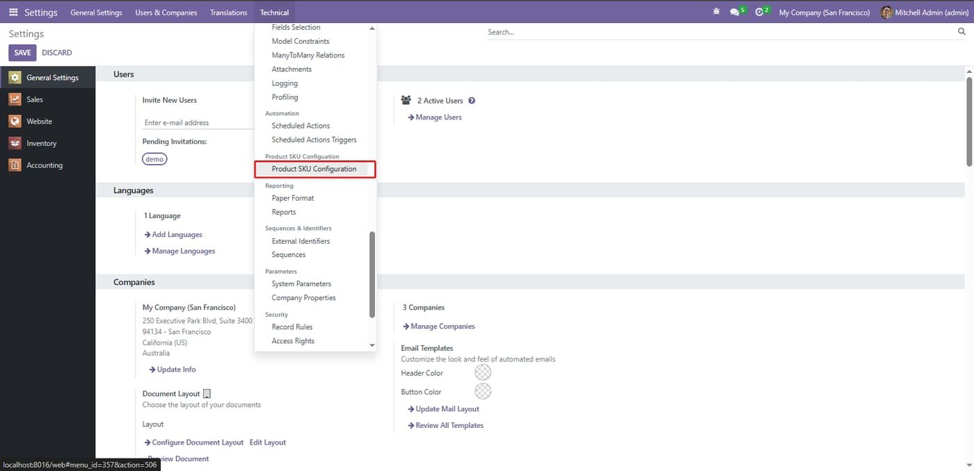 Navigate to Settings > Technical > Product SKU Configuration to access the global rules engine. This dedicated configuration page allows administrators to define naming conventions and formatting standards that will apply to all new products automatically.