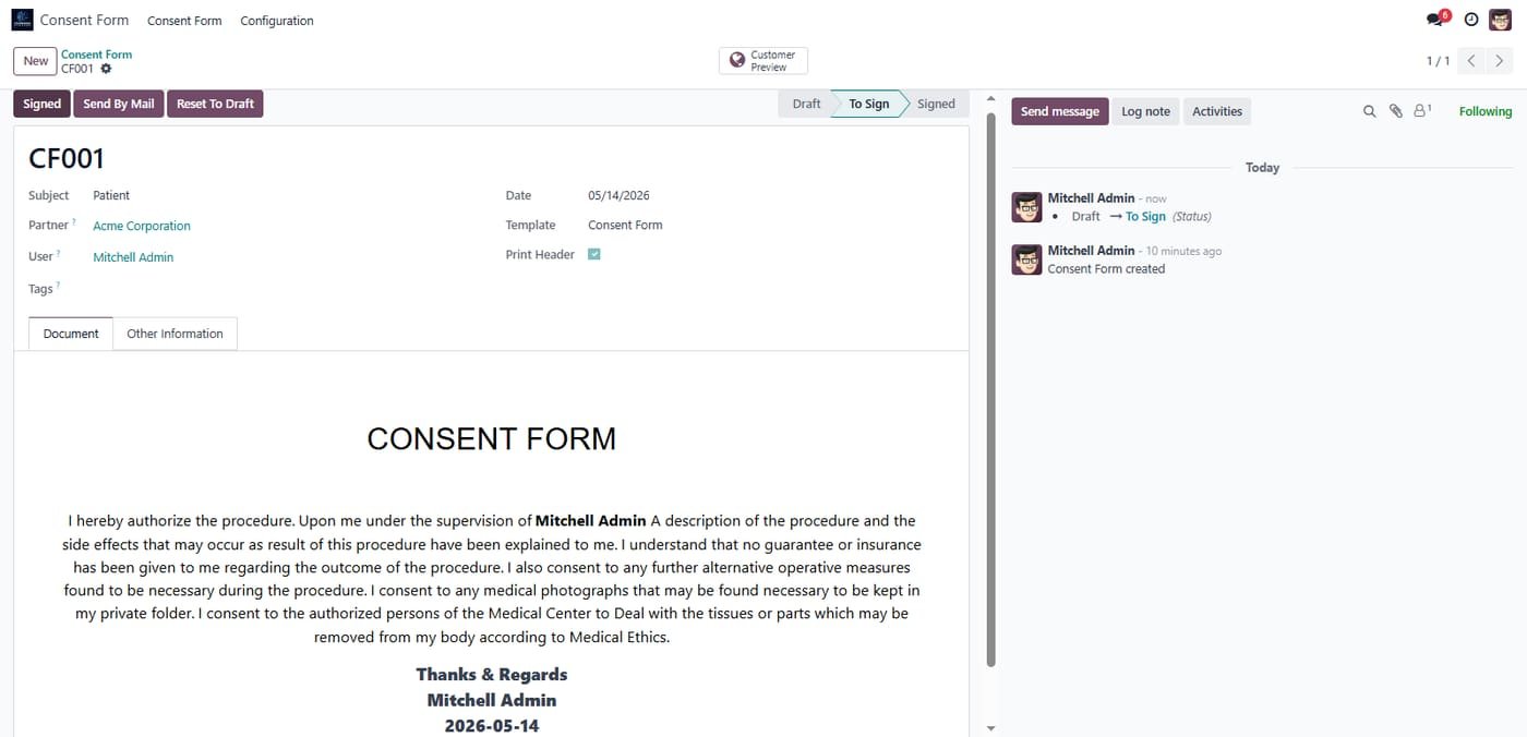 Consent Form in "To Sign" stage showing patient details, document content, and available action buttons for approval and signature.