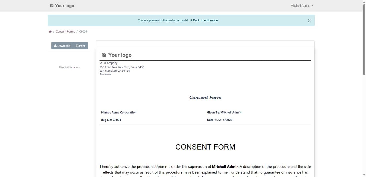 Customer Portal View displaying a professional, branded PDF version of the signed consent form with Download and Print options.
