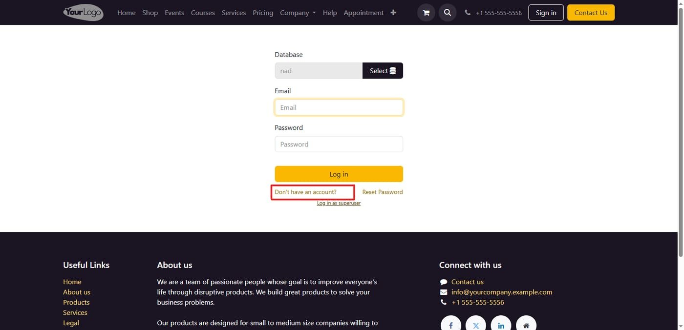 The user journey begins from the standard login page. A simple click on 'Don't have an account?' redirects users to our powerful, custom registration form instead of the Odoo default.