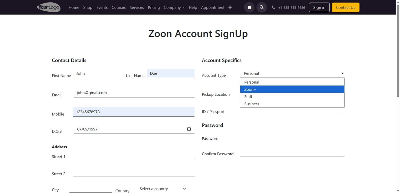 The form allows users to select their desired account type. Here, the user chooses "Zoon+", triggering the module's unique automated workflow for premium subscribers.