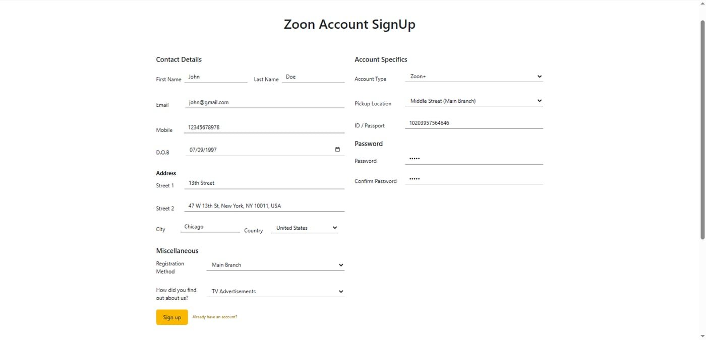 See the form in action. All necessary fields, from personal information and address to custom preferences like 'Pickup Location' and 'Registration Method', are captured in one simple step before submission.