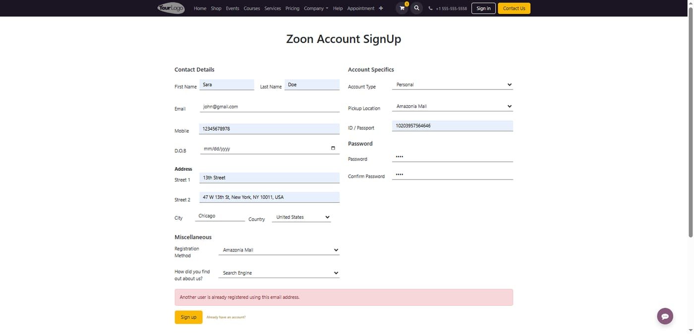 Detailed customer sign-up form