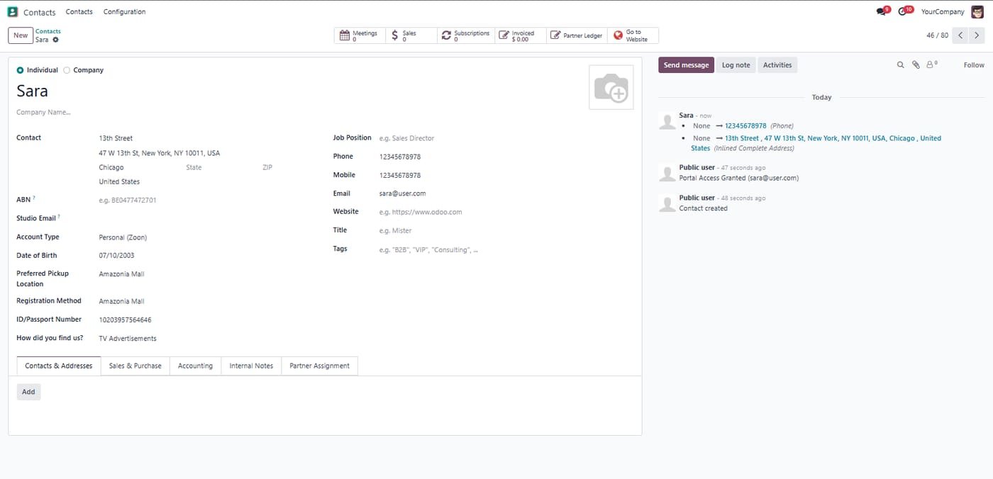 All the rich data captured during signup is automatically saved to the corresponding Contact record in the Odoo backend. Your team gets a complete, detailed customer profile without any manual data entry.