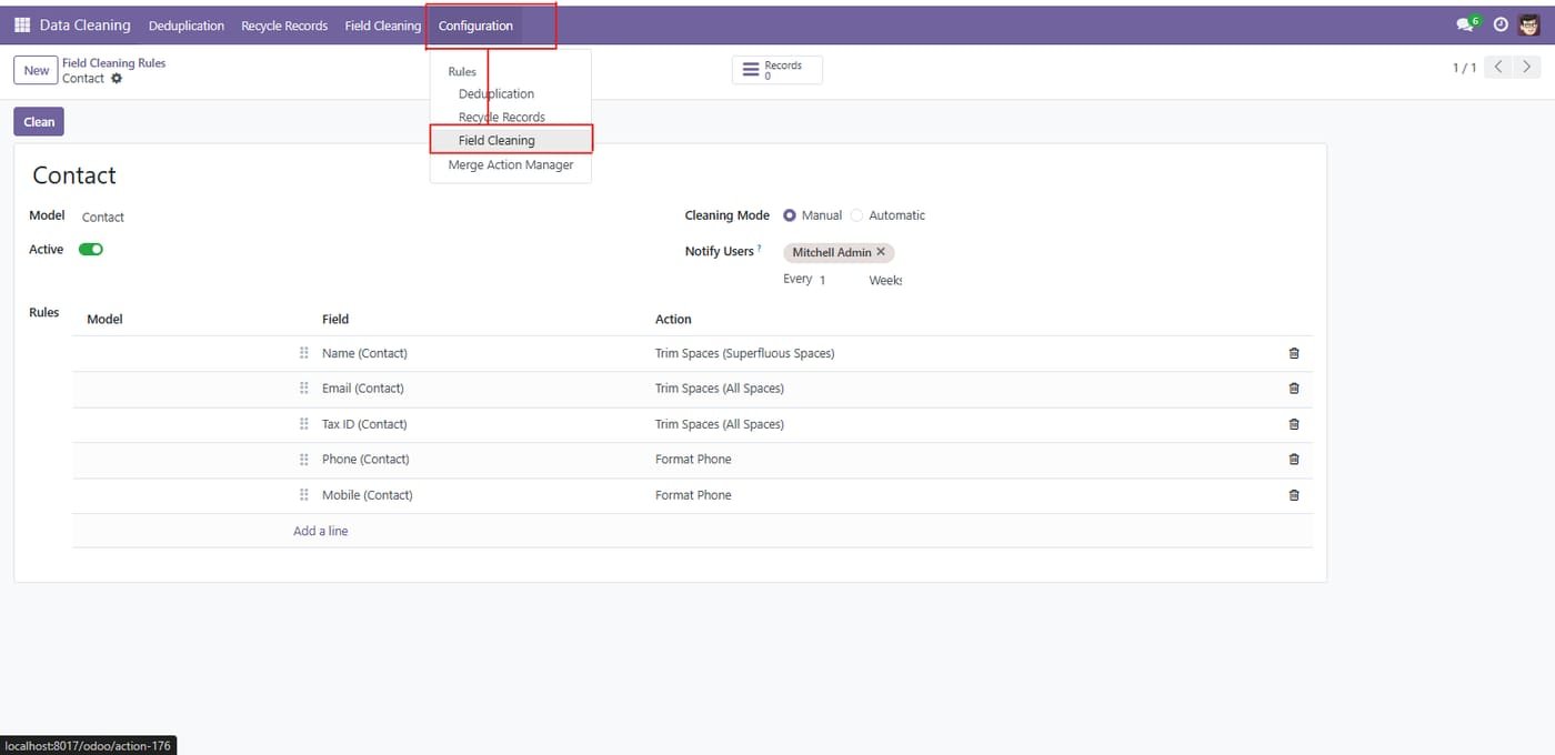 Go to the Configuration menu and select Field Cleaning to manage text formatting and standardization rules.