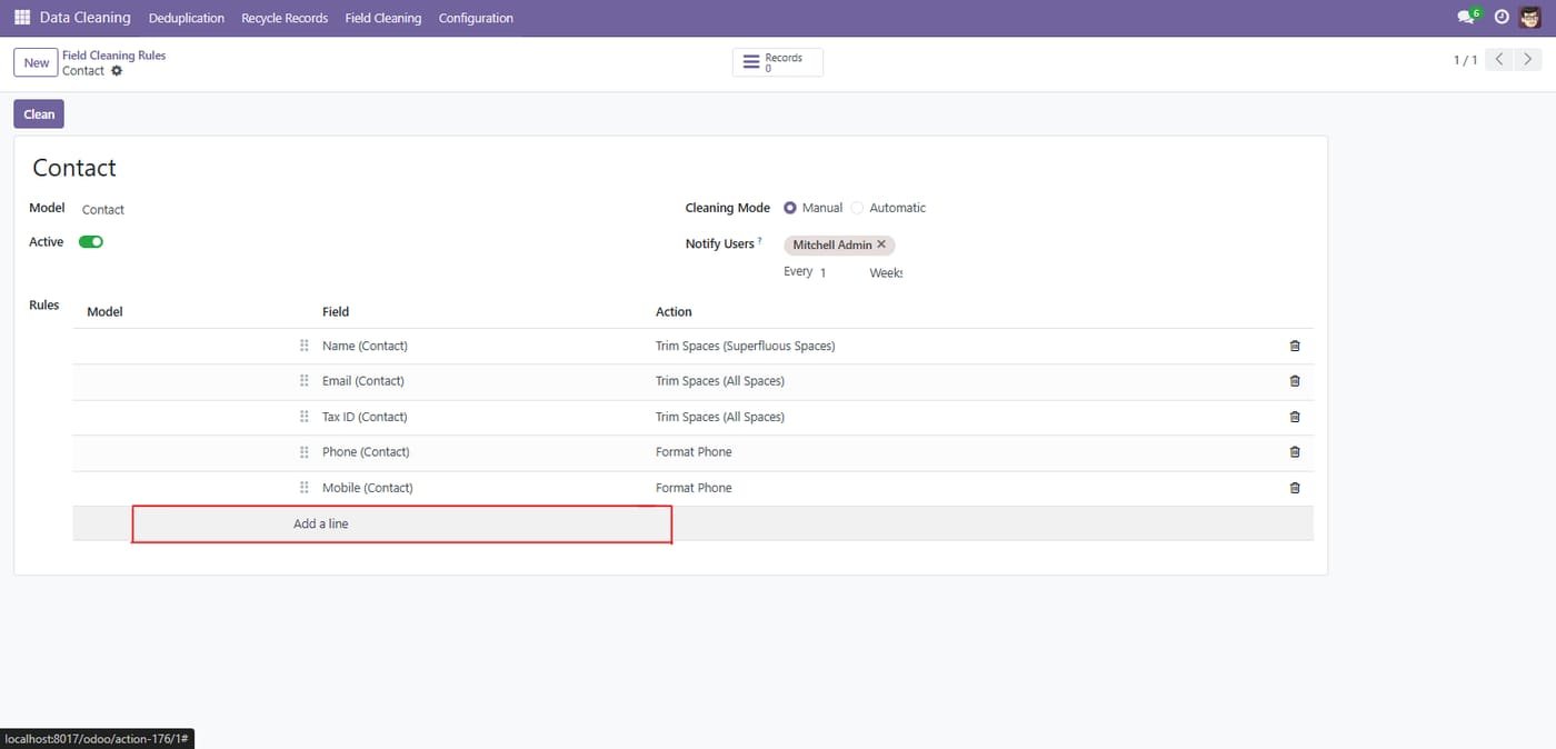Inside the configuration form, click on Add a line to define a specific cleaning operation for your data fields.