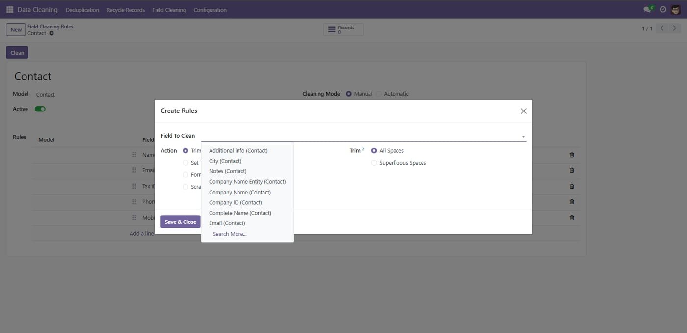 In the pop-up window, select the Field To Clean and choose the desired Action (e.g., Trim Spaces, All Uppercase) to standardize the data.