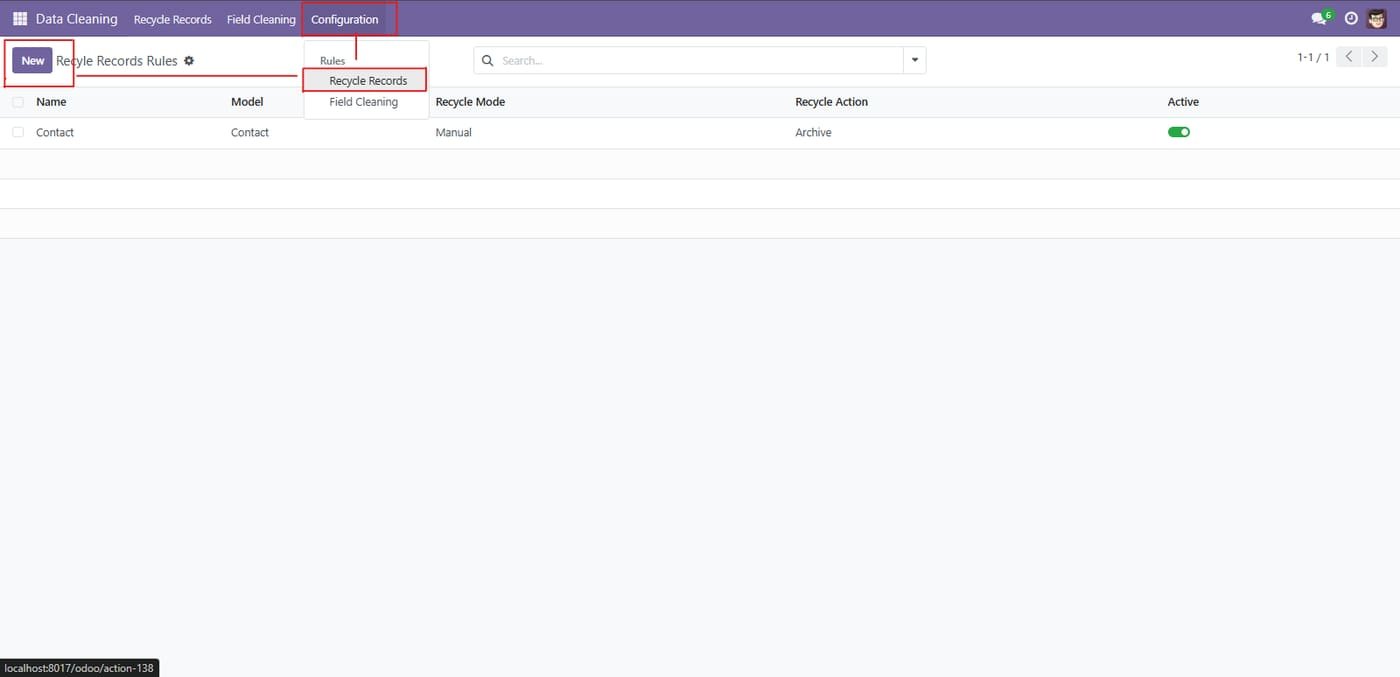 Navigate to Configuration > Recycle Records and click on the New button to start creating a record cleaning rule.