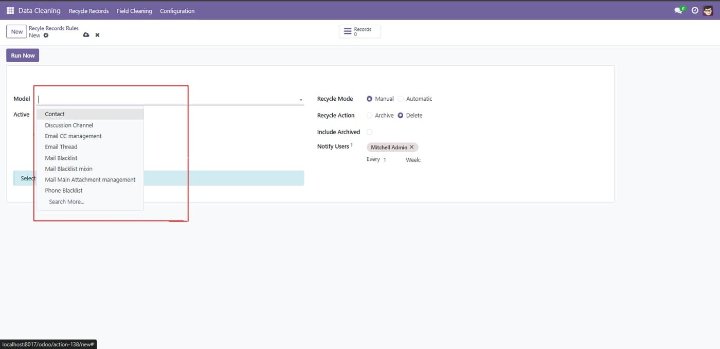 From the Model dropdown menu, select the specific document type (e.g., Contact, Lead) where you want to apply this rule.