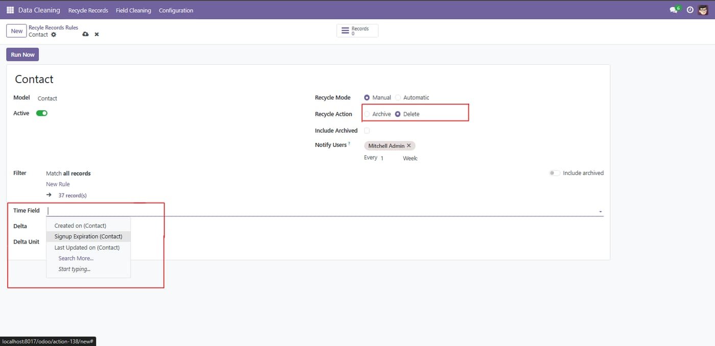 Choose the Recycle Action (Archive or Delete) and set the Time Field criteria to filter records based on their age or activity.