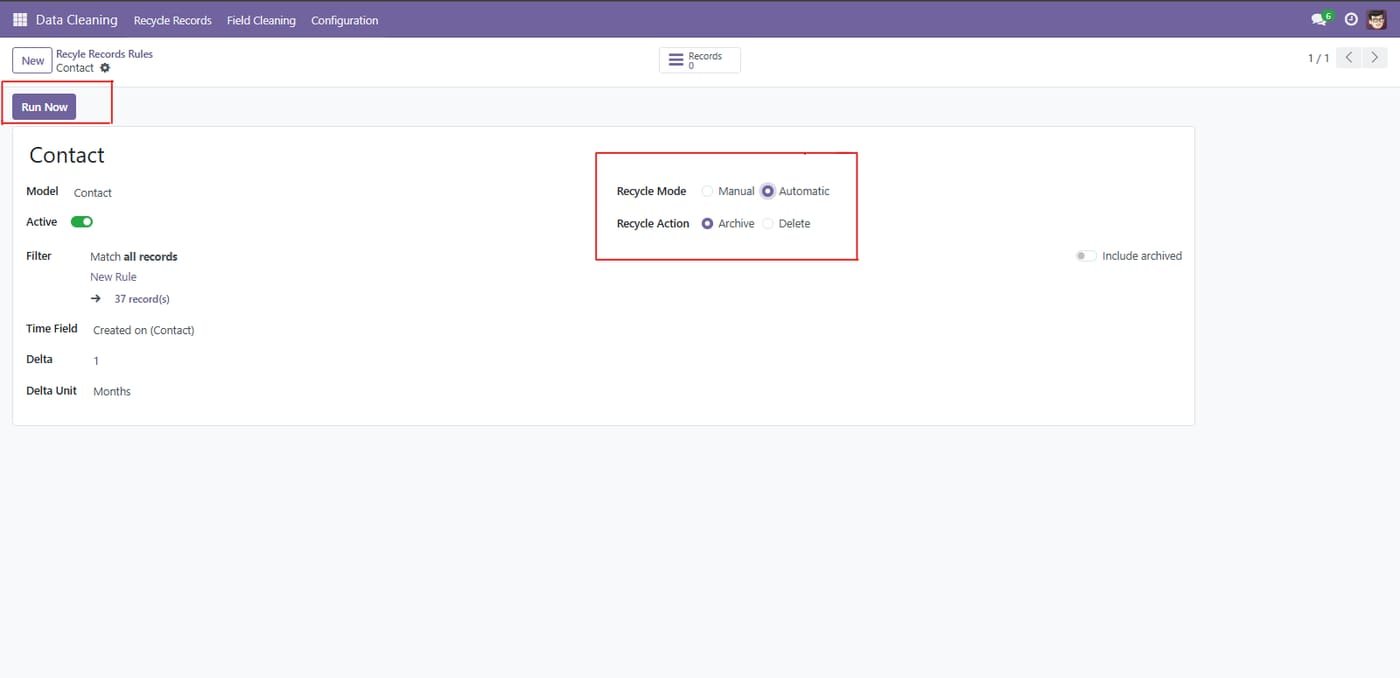 Select the Recycle Mode (Manual or Automatic) and click the Run Now button to trigger the rule immediately.