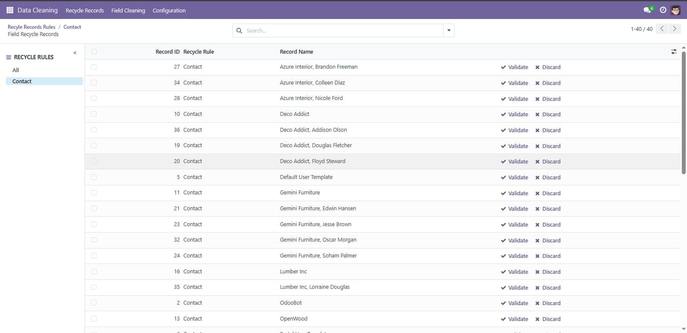 The system will display identified records. Review the list and click Validate to confirm the action or Discard to skip specific records.