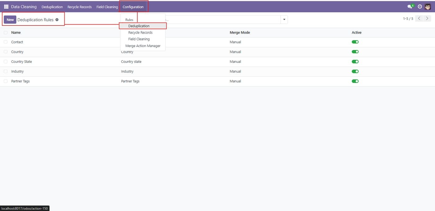 Configuration > Rules > Deduplication to manage merge rules per model. Click on create.