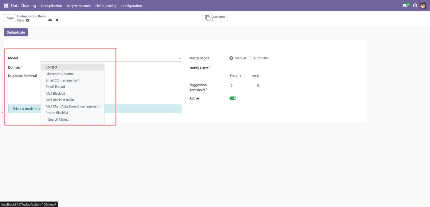 Select the target model (e.g., Contact); once selected, the Domain field becomes available to filter which records are checked, and the Duplicate Removal options for that model can be configured