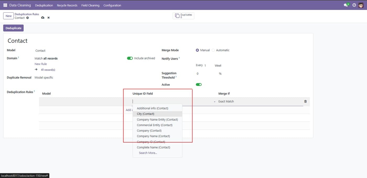 Select the field that will identify duplicates (e.g., City, Company, Company Name, Complete Name). Each line pairs a chosen field with a Merge If condition (Exact Match shown) to decide when records should be merged.