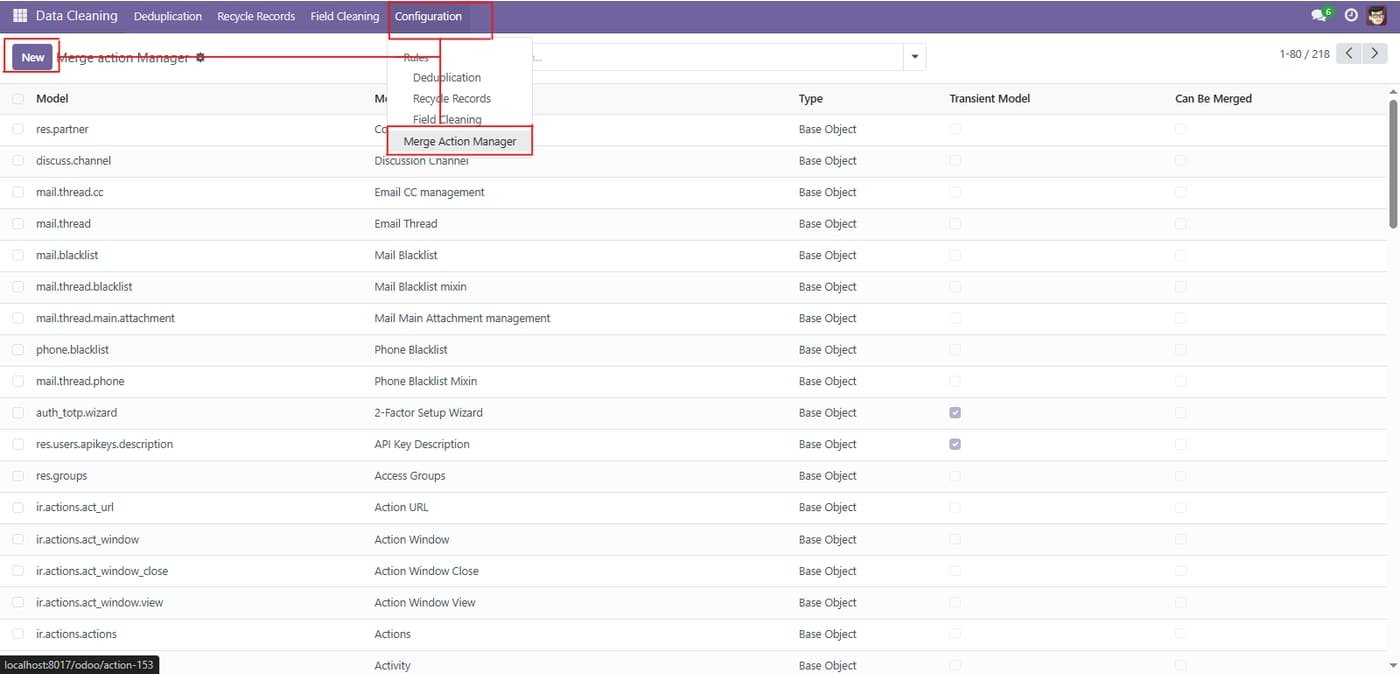 Merge Action Manager list accessed via Configuration > Merge Action Manager. Use New to create a merge configuration; the list shows each model with Type, Transient Model, and Can Be Merged columns to control which models support merge operations.