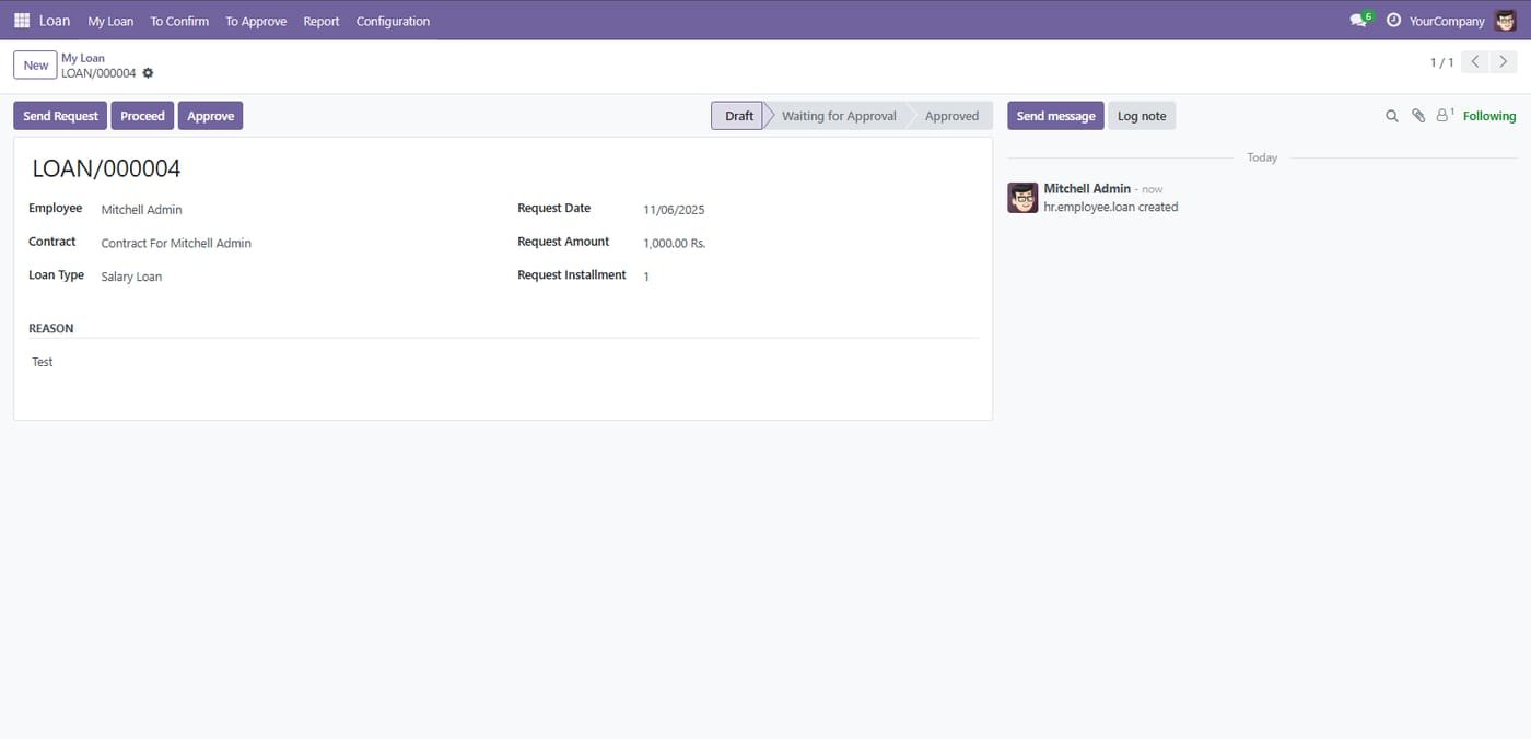 Enter Employee/Contract, Loan Type, Request Date, Request Amount, Installments, and Reason.