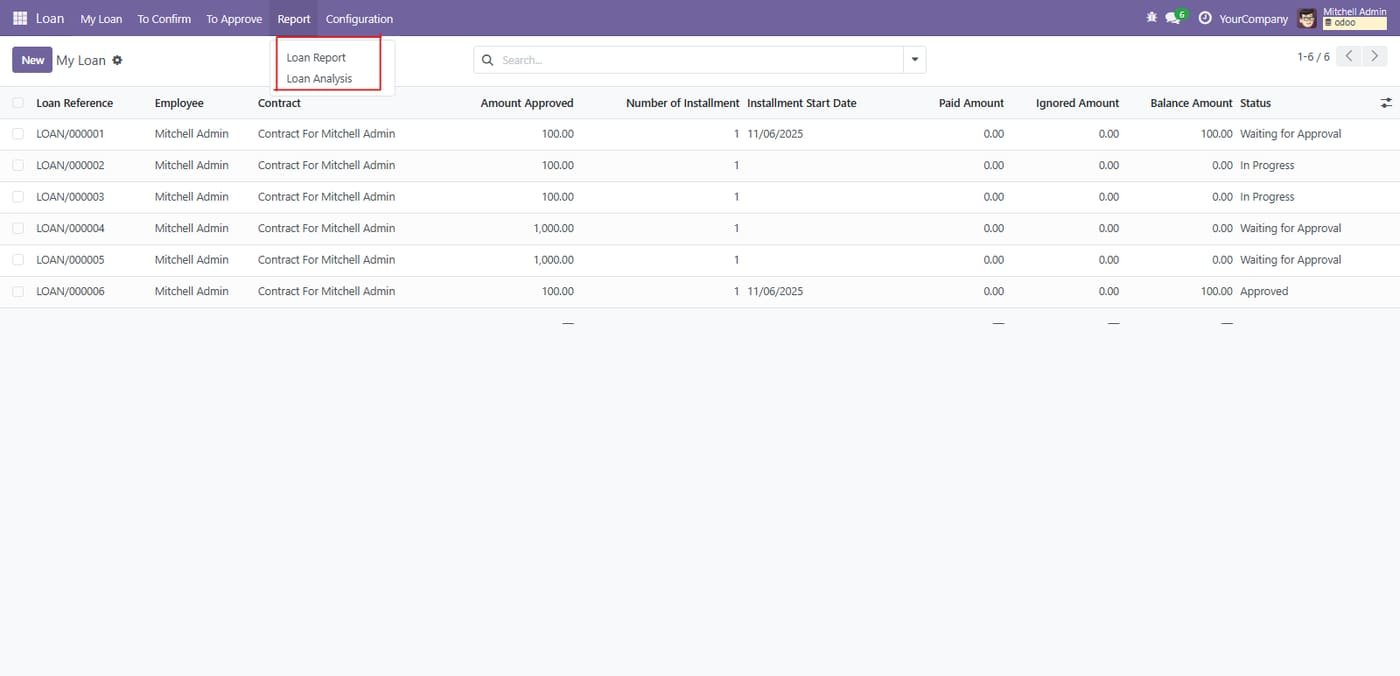 Loan reports menu