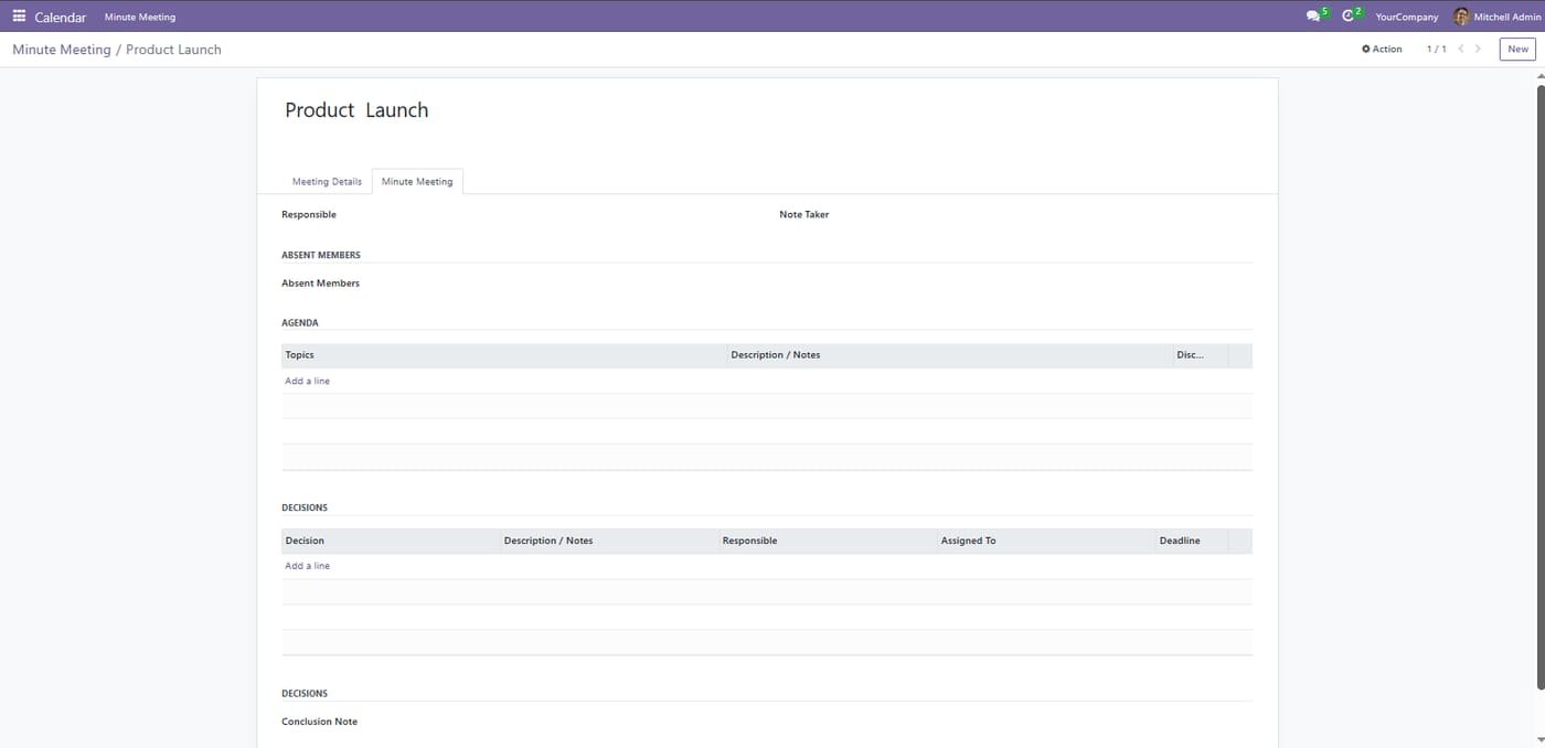Complete industry standard meeting minutes format: Agenda, Decisions, Action Items, Absent Members and Conclusion