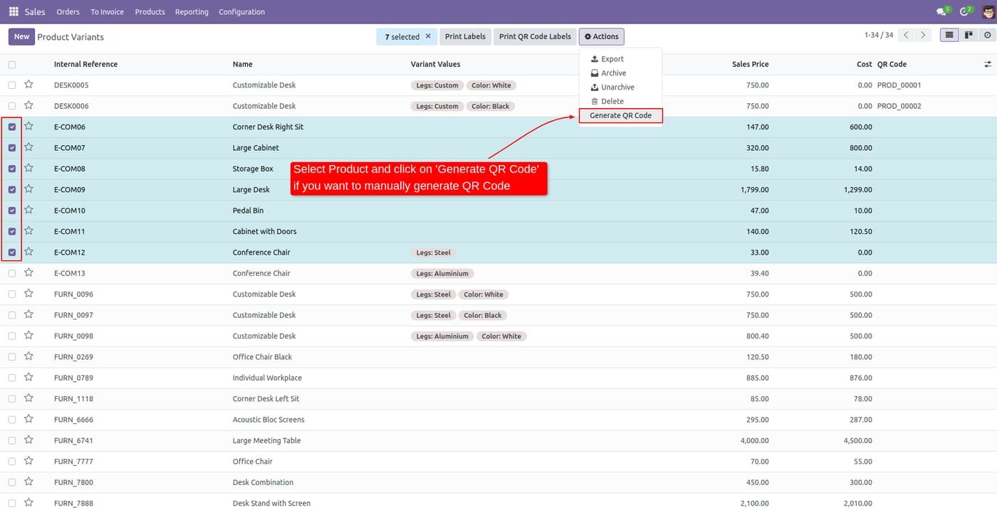 If you want to generate manually QR Code of products then select it and click 'Generate QR Code'.