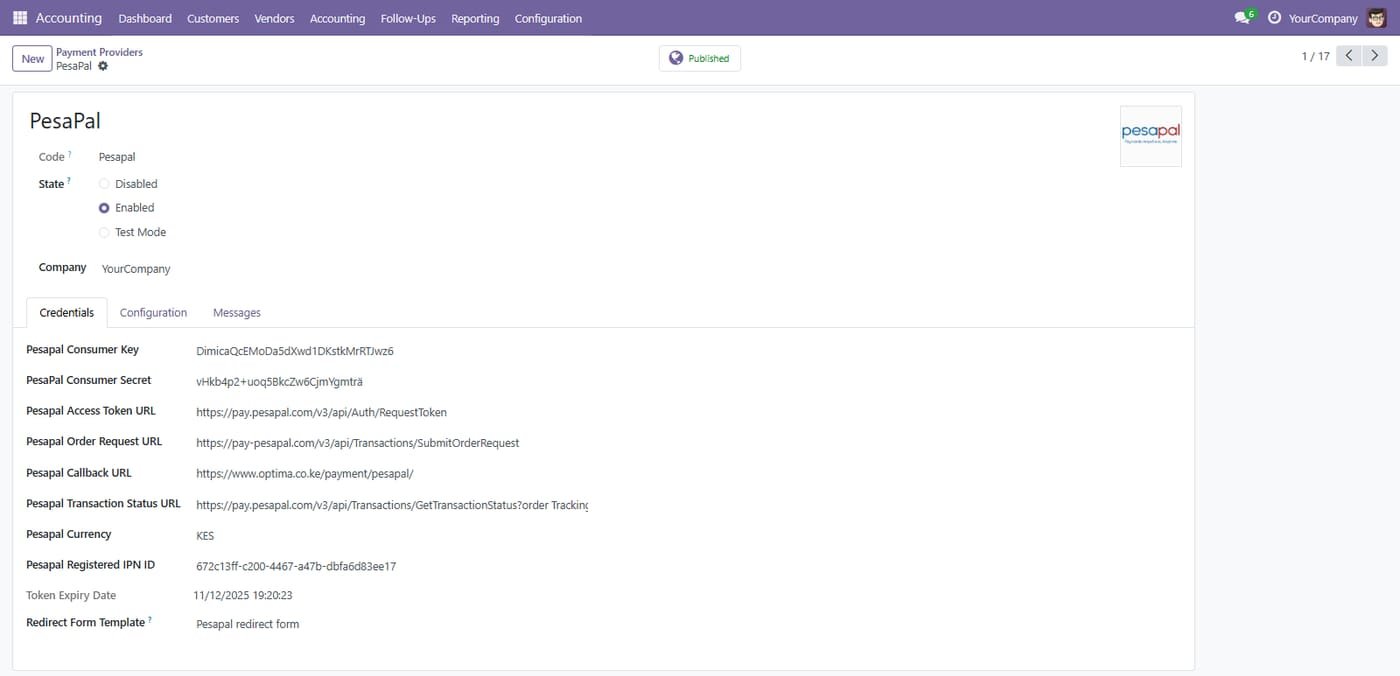 Go To: Accounting Configurations Payments Payment Providers PesaPal