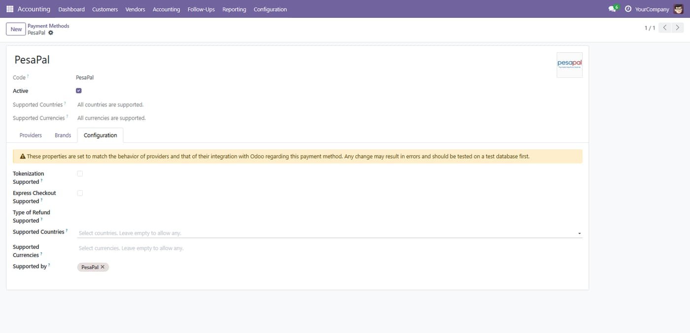 PesaPal payment method settings