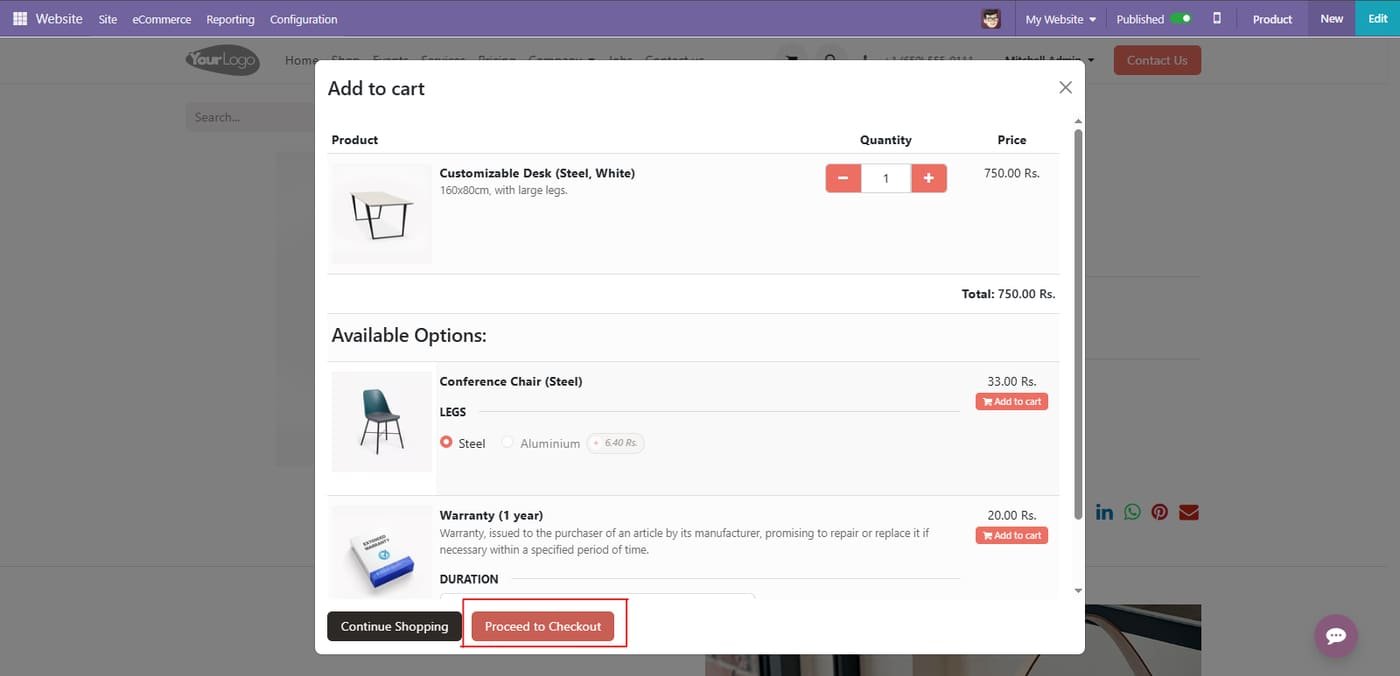 Add to cart on the website