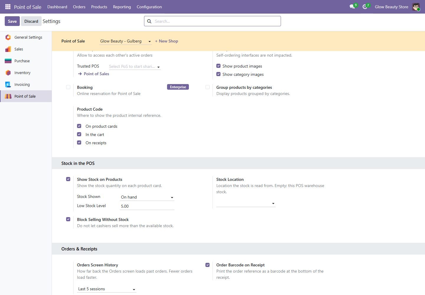 Orders & Receipts settings