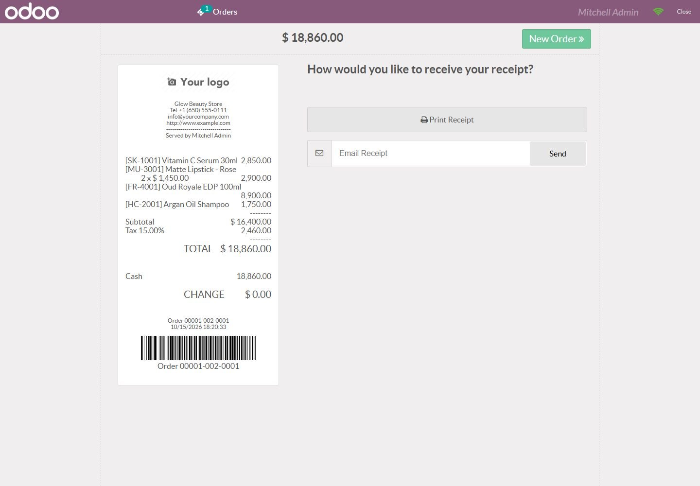 Odoo 14: order barcode on the receipt