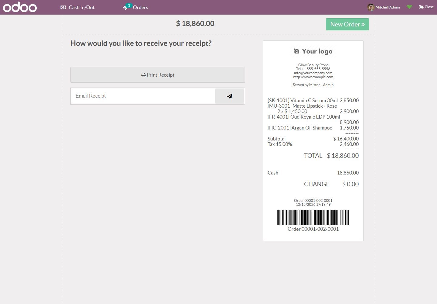 Odoo 15: order barcode on the receipt