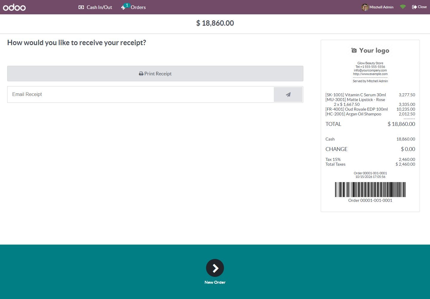Odoo 16: order barcode on the receipt