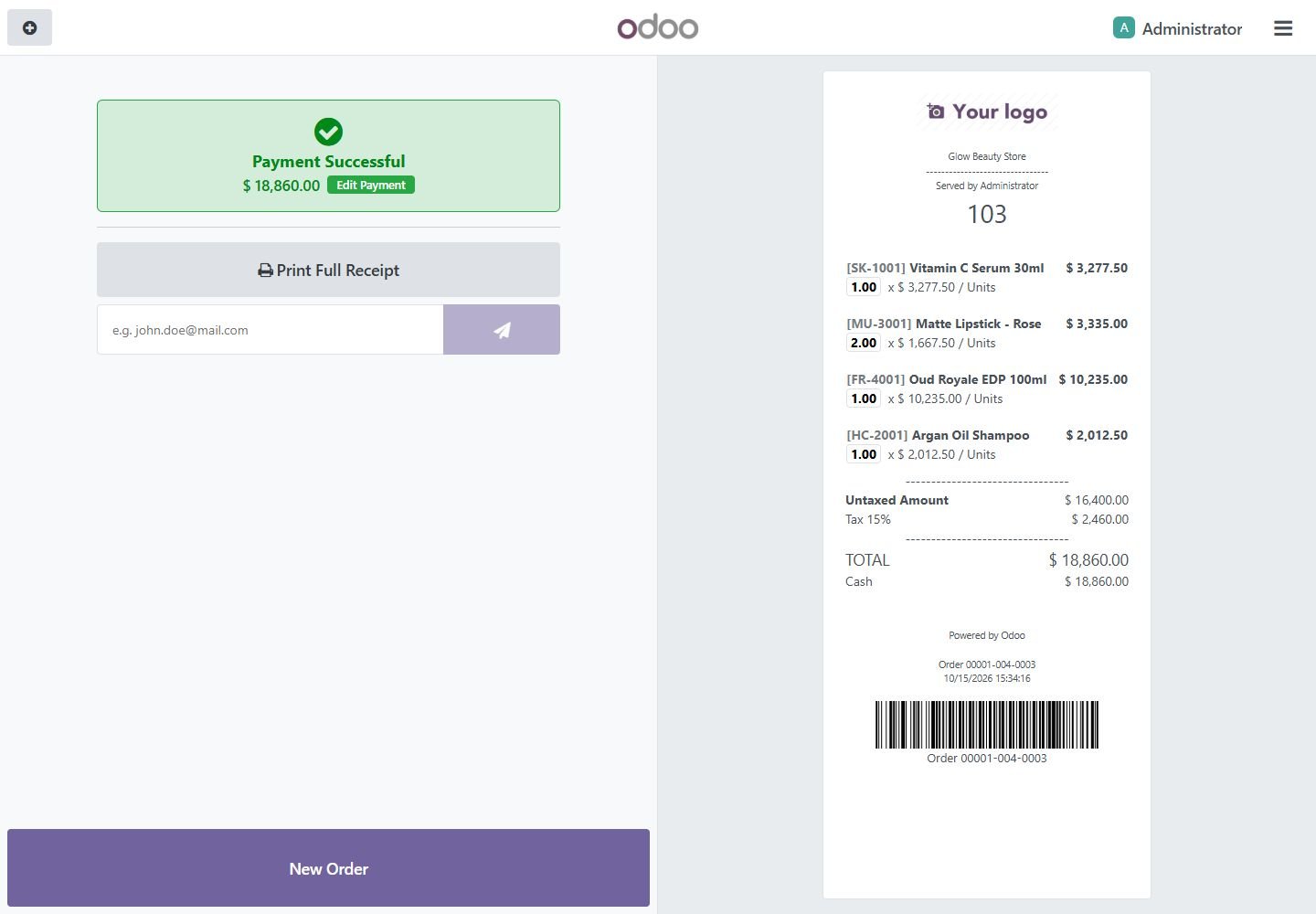Odoo 18: order barcode on the receipt