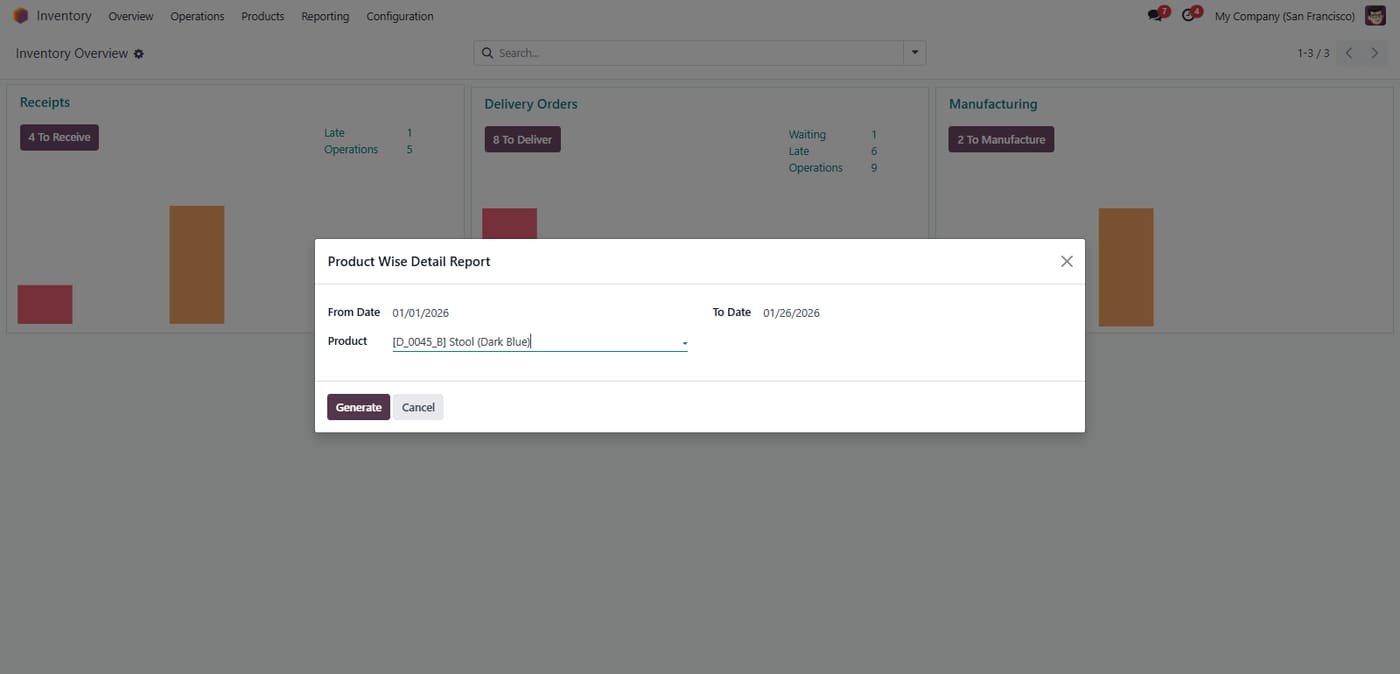 Generating a Product Wise Detail Report by selecting a specific date range and target product (e.g., Stool Dark Blue) via the filter wizard.
