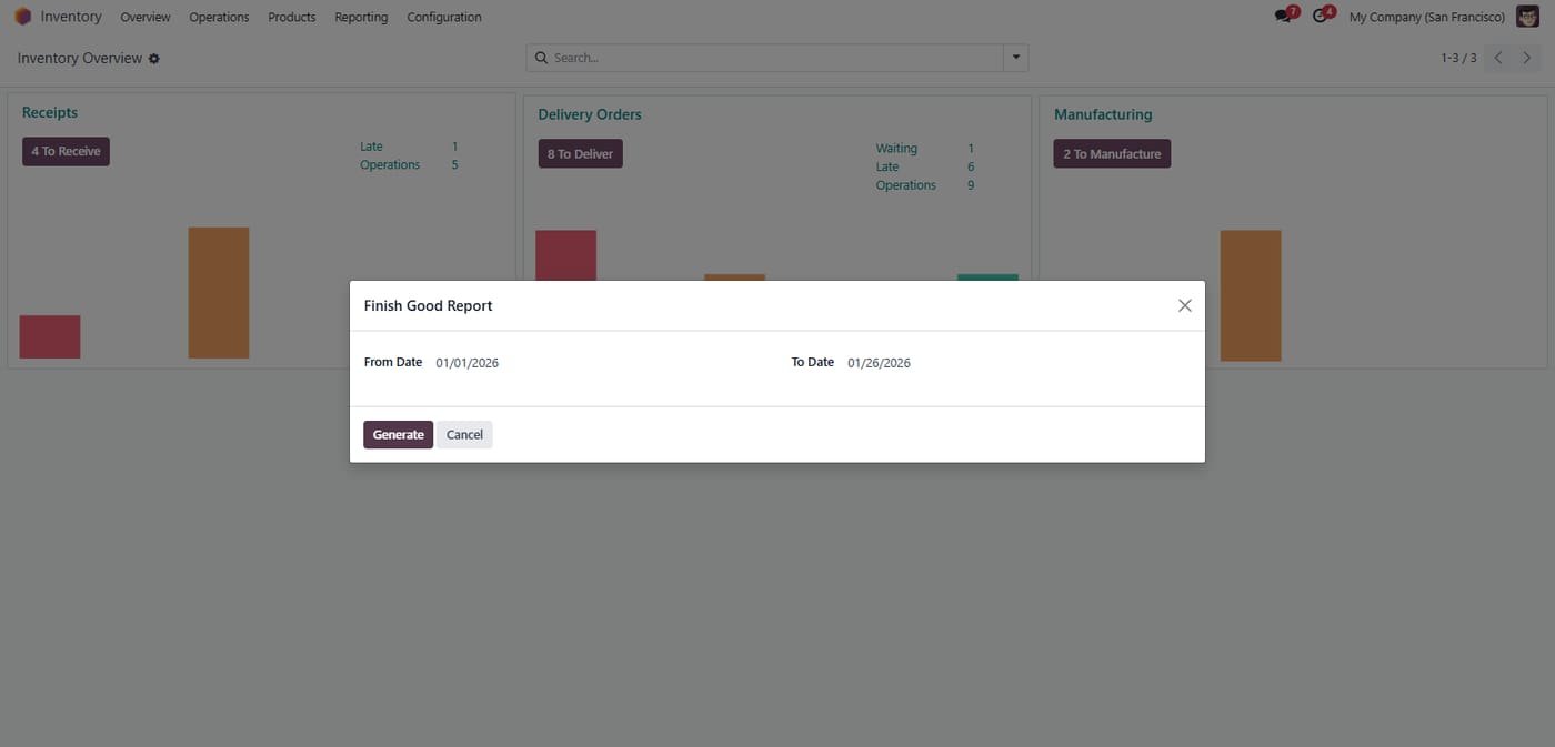 The Finished Good Report wizard allows users to extract production output data for a specific time period.