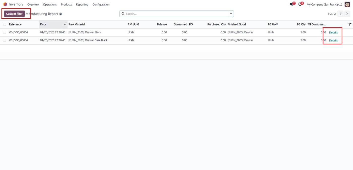 The Packing Material Report interface, designed to track the consumption of packaging resources over a defined date range