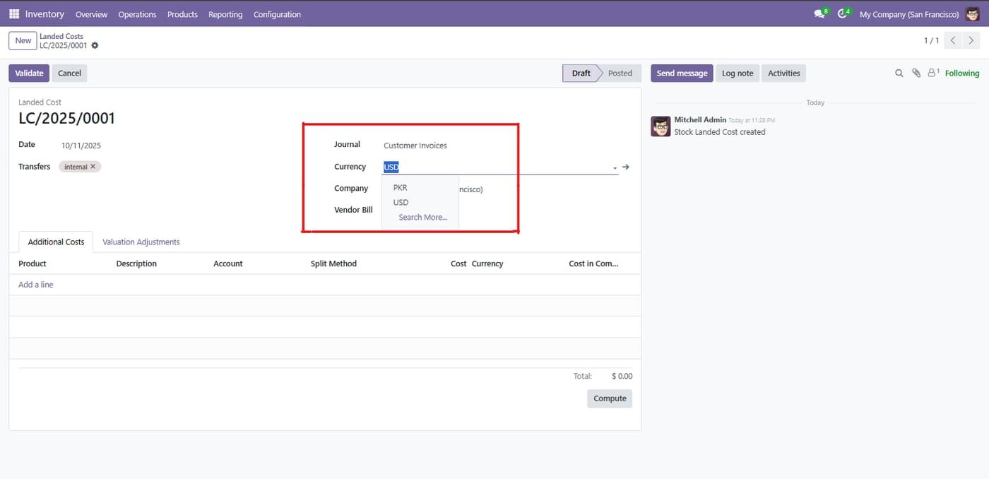 choose the Account Journal and the corresponding Currency
