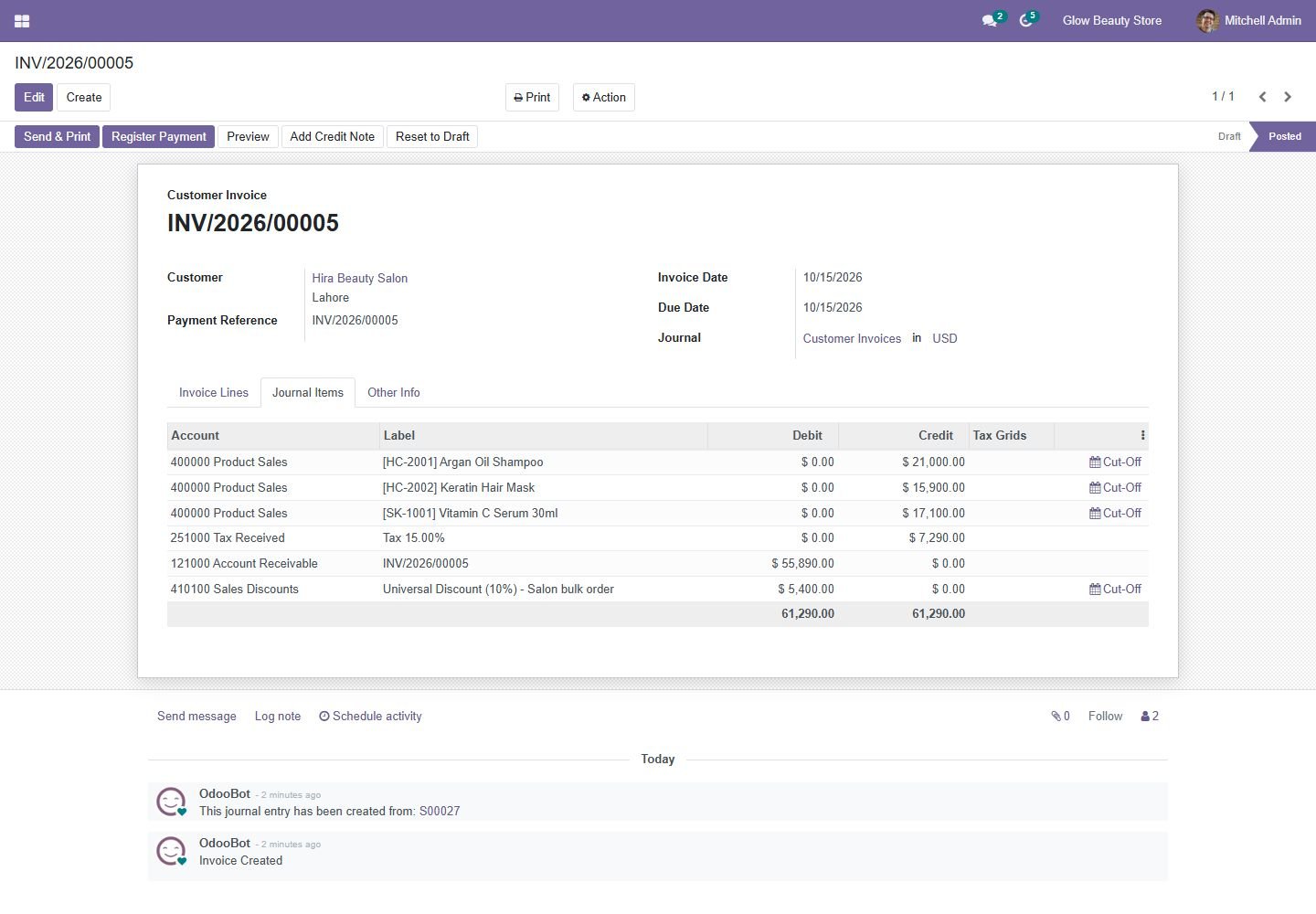 Odoo 15: discount posted to its own account