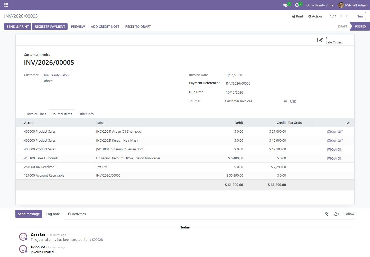 Odoo 16: discount posted to its own account