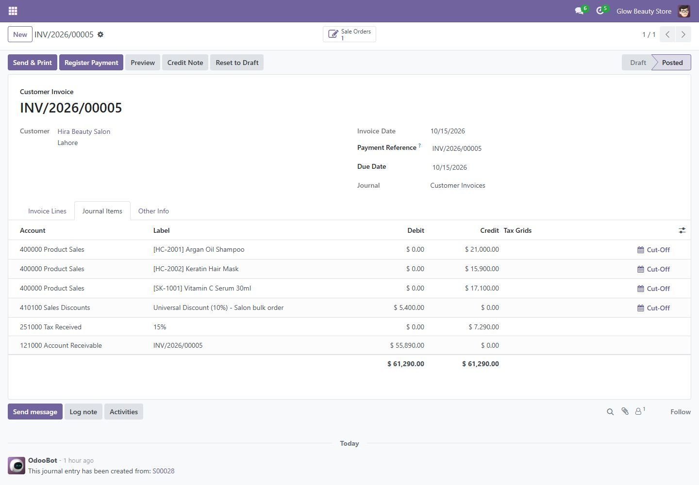 Odoo 17: discount posted to its own account