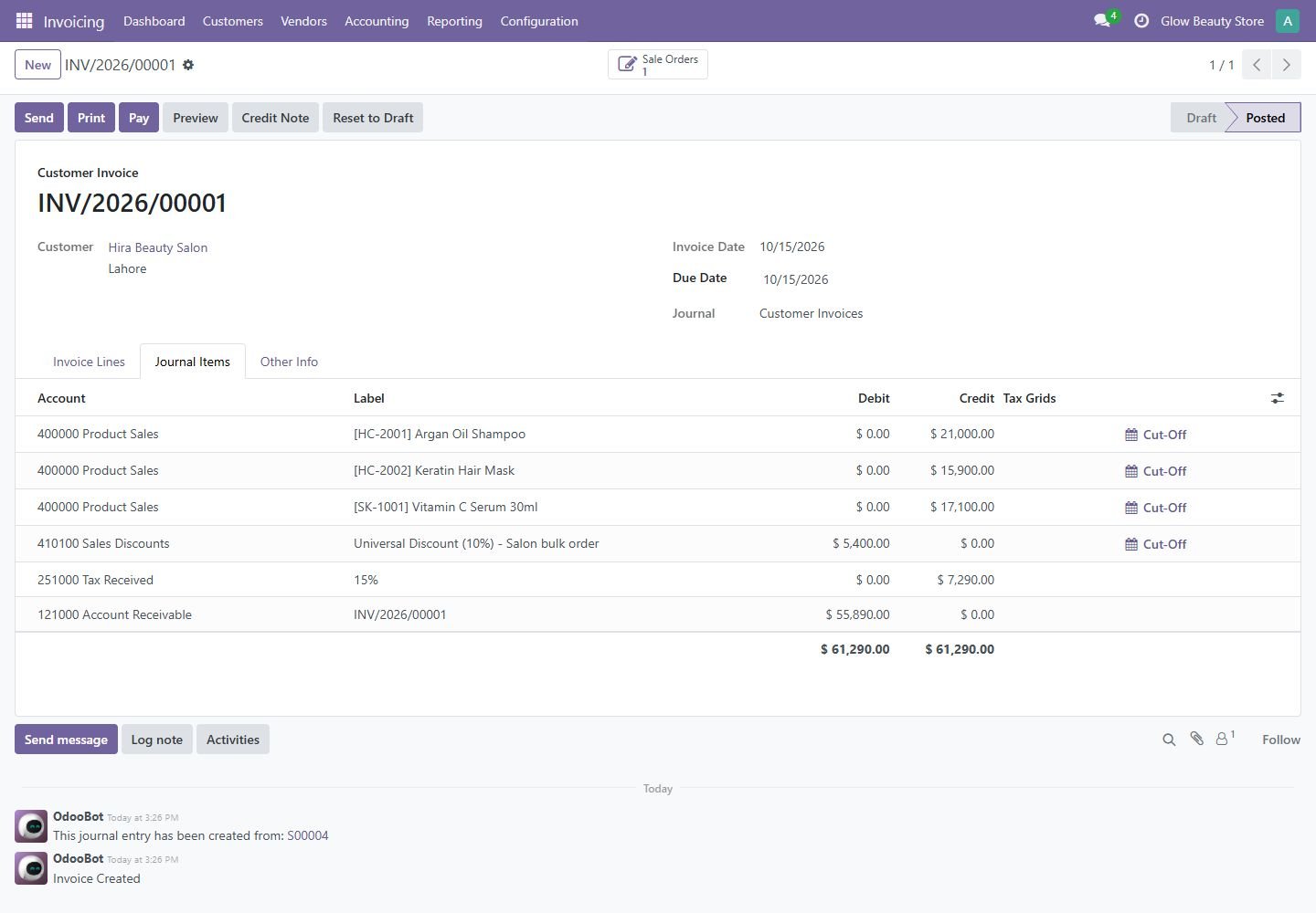 Odoo 18: discount posted to its own account